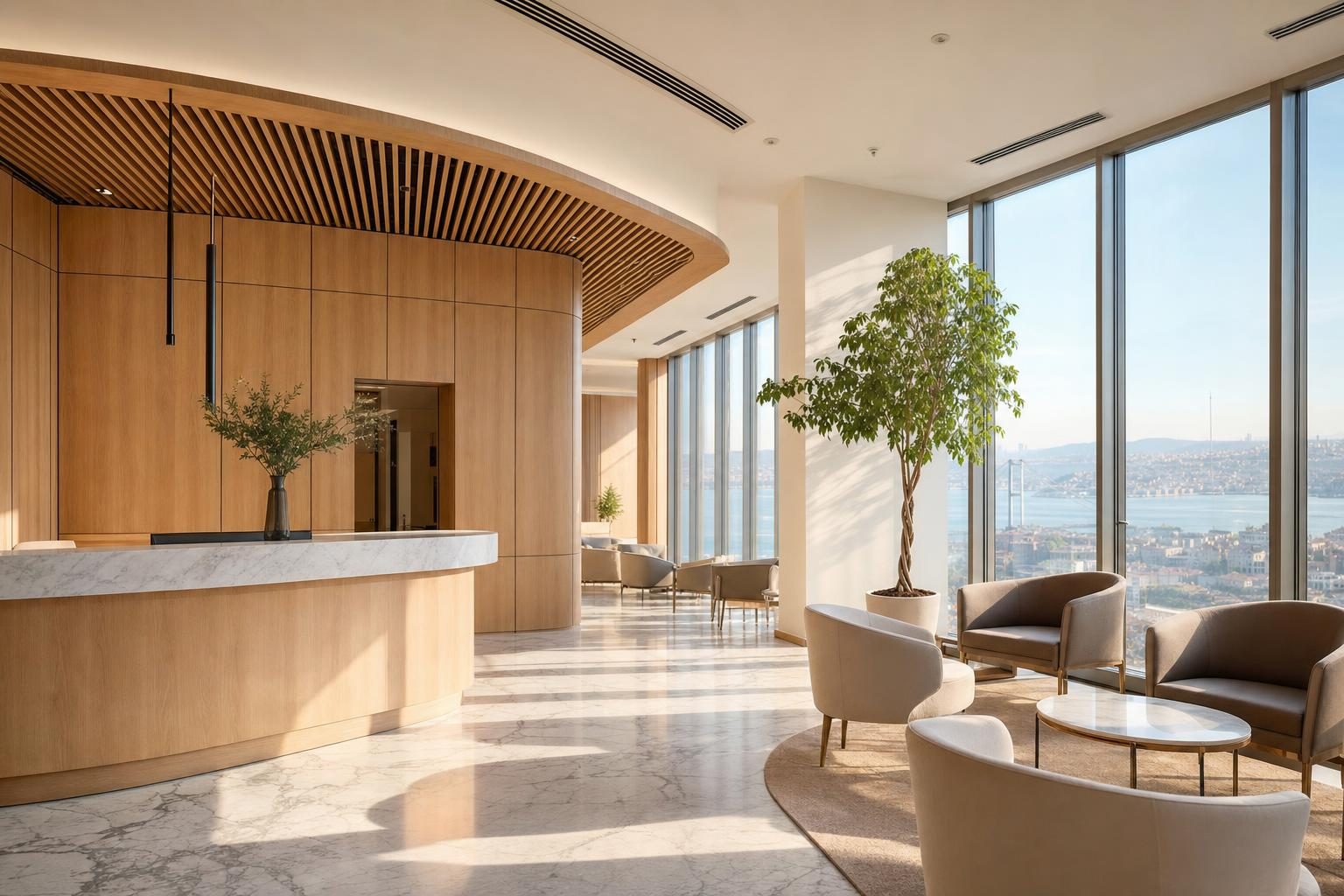 Modern private clinic lobby in Istanbul with Bosphorus view