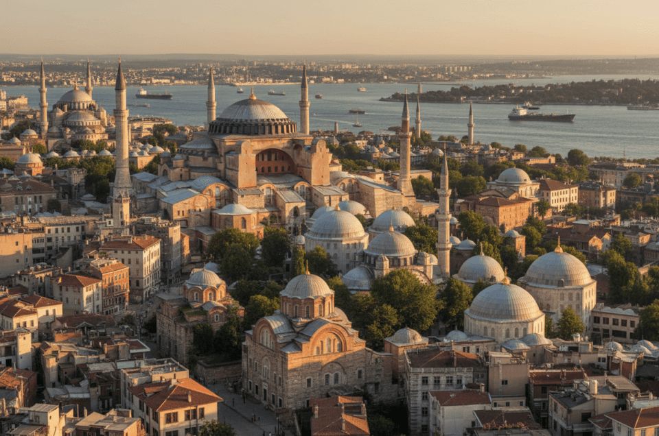 Aerial view of Hagia Sophia and the Bosphorus in Istanbul